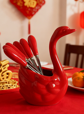 【红色天鹅】高颜值陶瓷水果叉套装釉下彩果叉甜品叉304不锈钢叉