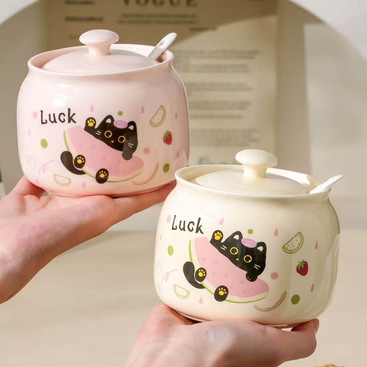 高颜值陶瓷调料罐带盖勺盐罐糖罐套装可爱厨房味精调味罐猪油罐子,厨房/烹饪用具,猪油罐,淘宝优惠券,粉丝福利购,淘宝优惠卷