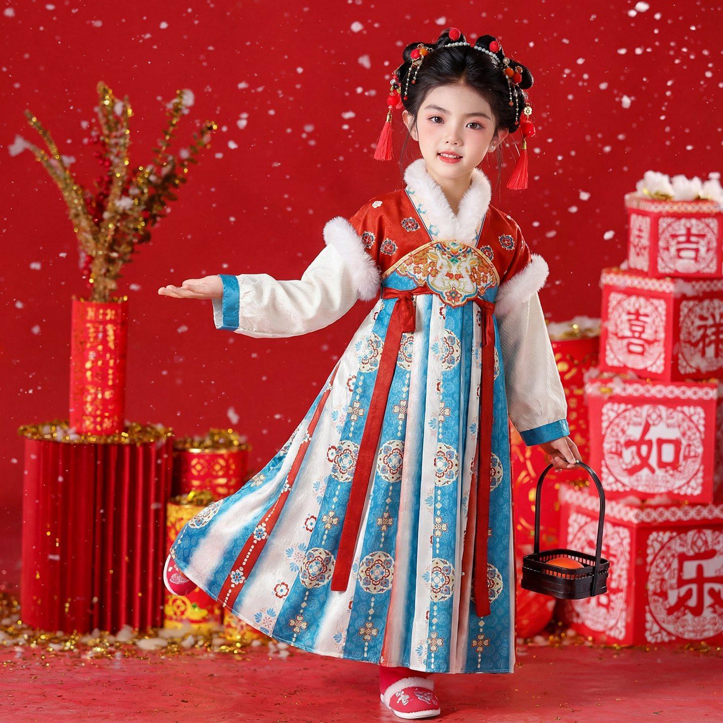 丹彩绒绒女童冬季加绒汉服襦裙儿童古装连衣裙新年加厚红色拜年服,童装/婴儿装/亲子装,汉服,淘宝优惠券,粉丝福利购,淘宝优惠卷