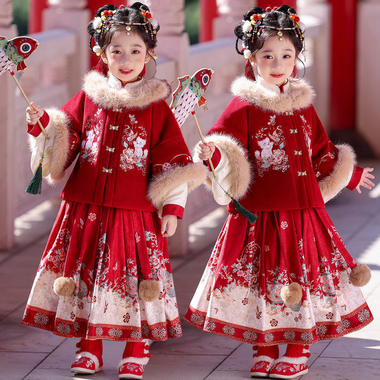 小狸猫女童冬加绒加厚中国风汉服套裙儿童红色新年毛毛领拜年服,童装/婴儿装/亲子装,汉服,淘宝优惠券,粉丝福利购,淘宝优惠卷