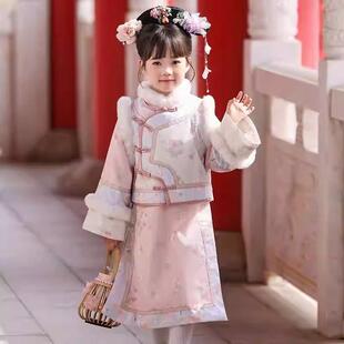 长亭雪女童粉色清朝格格服冬加厚儿童汉服中国风唐装满族民族服装