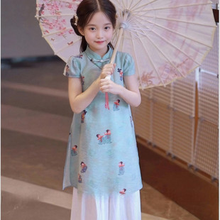 唐娃娃女童2026夏装新品印花中国风改良旗袍裙儿童阔腿裤汉服套装