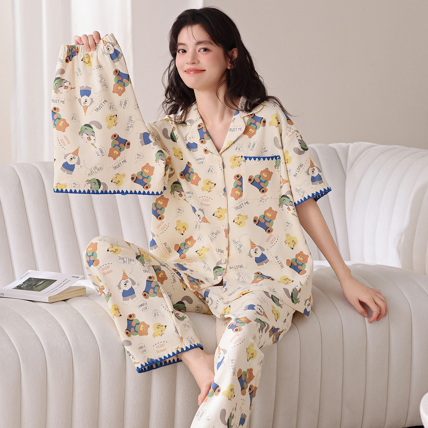 夏季新款纯棉翻领开衫短袖三件套卡通小狗睡衣女款夏天家居服套装