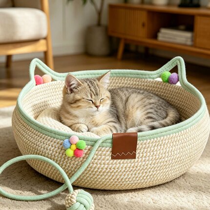 藤编猫窝猫抓板自嗨球一体四季通用手工编织可水洗耐抓棉绳宠物窝