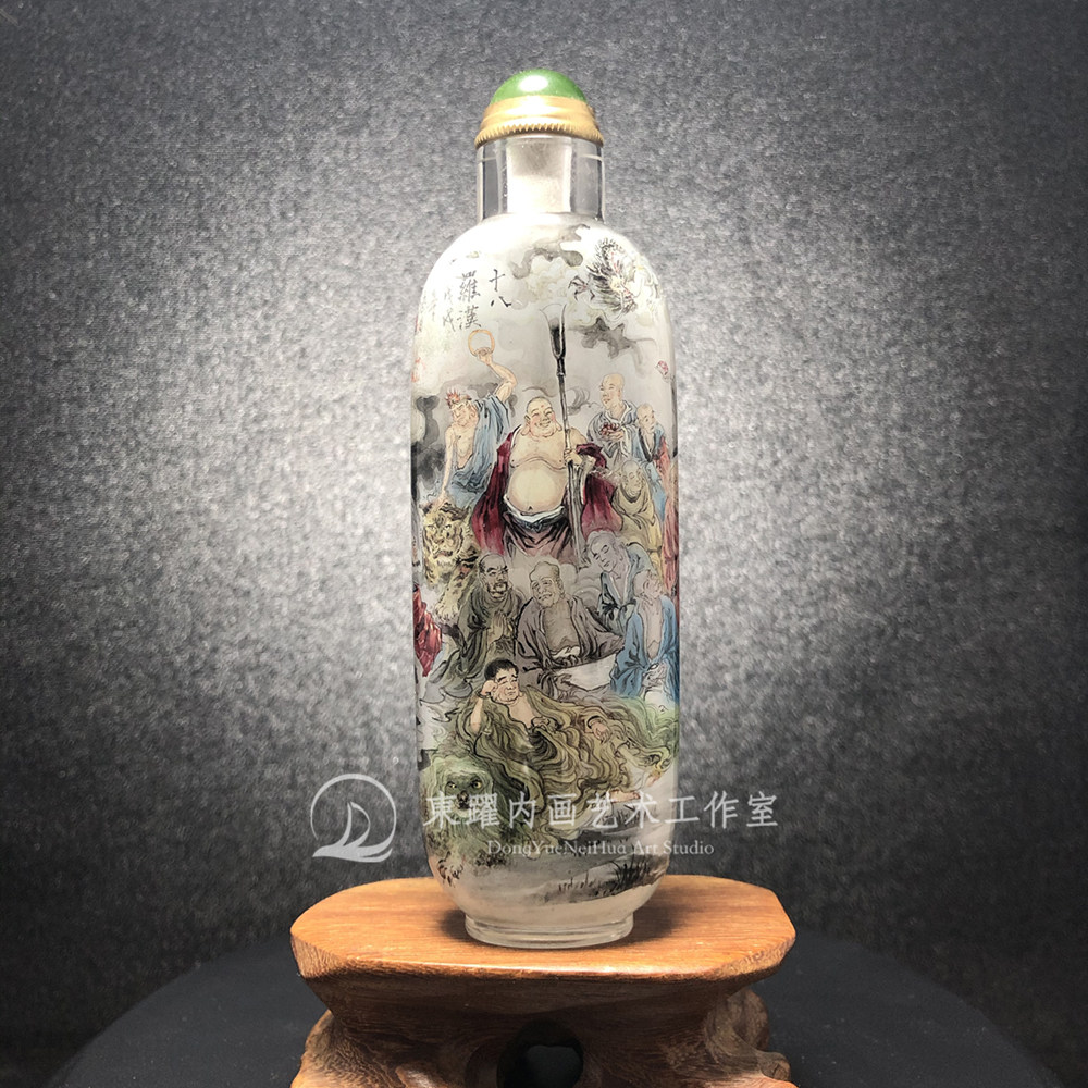 十八罗汉新款东躍作品衡水内画纯手工订制写字玛瑙鼻烟壶