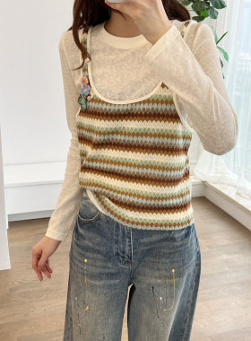 米娜家 欧洲站 26春款时尚圆领两件套花色条纹背心T恤女 E613 304