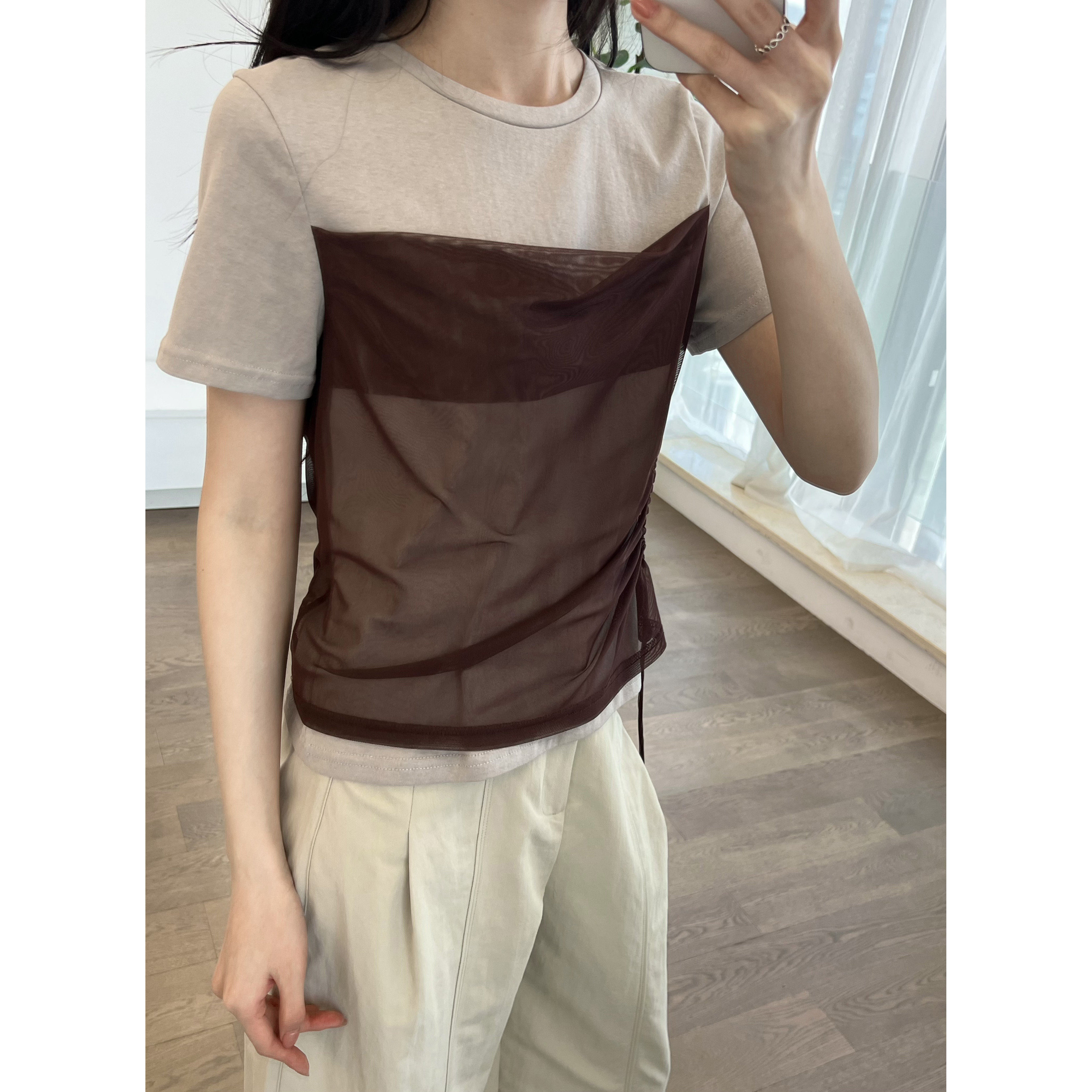 米娜家 欧洲站 修身显瘦假两件网纱抽绳设计短袖T恤女 E621 601