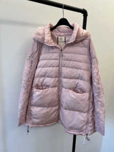 米娜家 欧洲站 清仓现货 蕾丝皮质拼接袖侧面拉链羽绒服女 H-3179