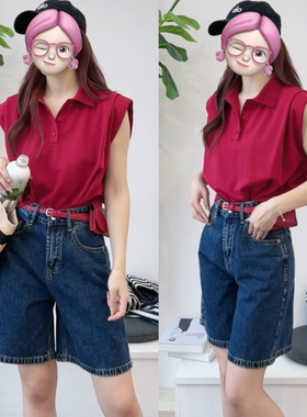 米娜家 欧洲站 现货 POLO翻领垫肩显瘦设计无袖时尚T恤 E524 430