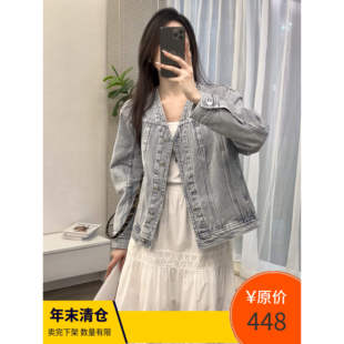 米娜家 欧洲站 现货 25春款V领浅色水洗牛仔单排扣外套 E508 420