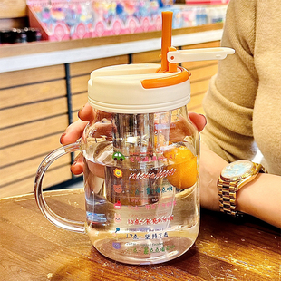 高硼硅玻璃杯带把手耐高温水杯茶水分离泡茶杯子男款吸管杯高颜值
