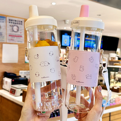 背带水杯大容量吸管杯可爱玻璃杯