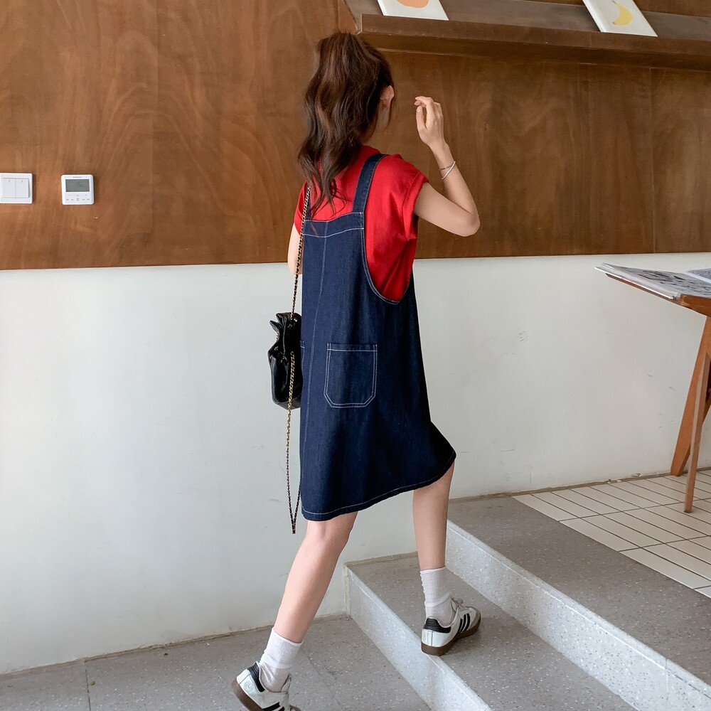 学院风牛仔背带裙女2025夏新款洋气减龄红色T恤小个子,女装连衣裙,2C153