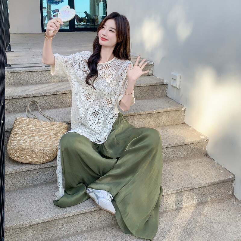 法式蕾丝罩衫套装女2025夏季新款气质不规则拼接宽松阔腿裤两件套,女装套装/套裙,2C153