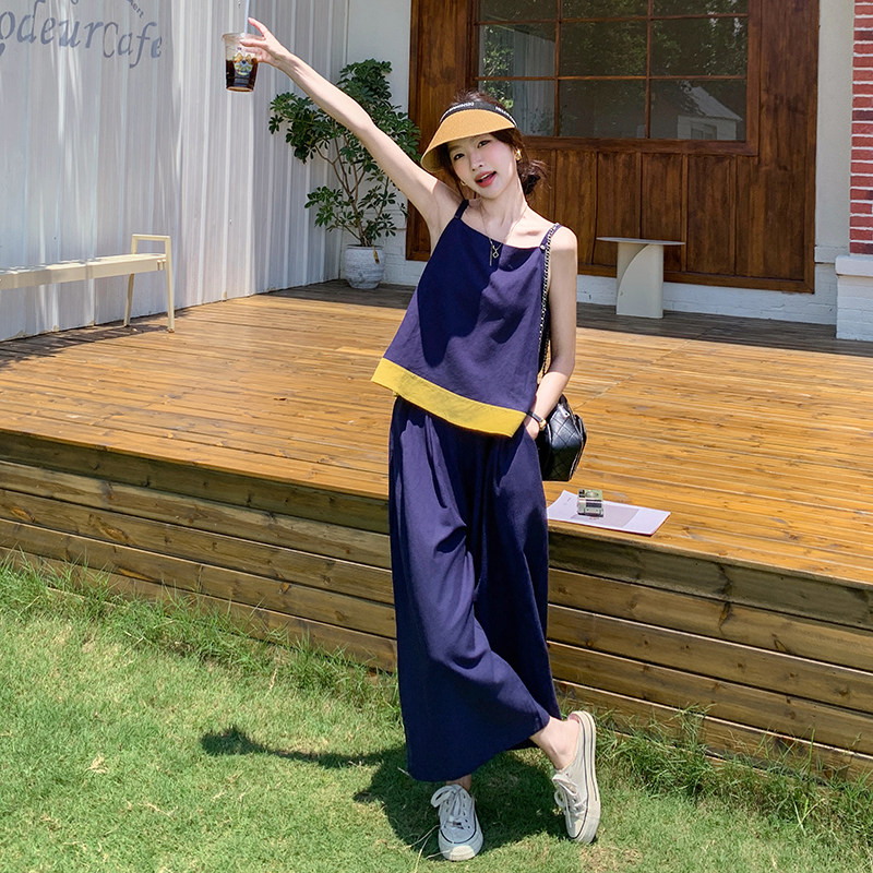 撞色穿搭清冷感套装裤女夏2025新款今年流行休闲吊带阔腿裤两件套,女装套装/套裙,2C153