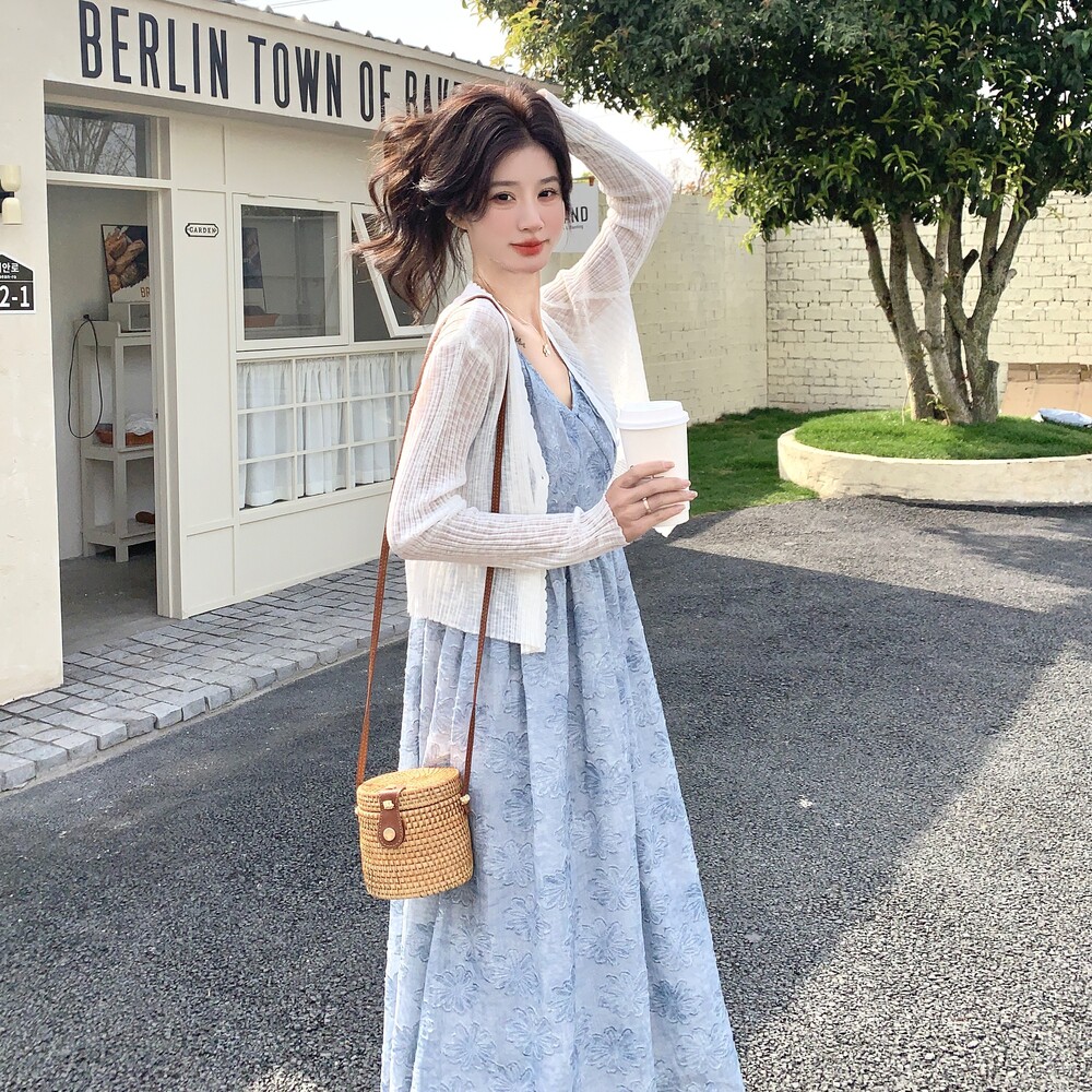 针织开衫吊带裙女夏2025新款气质女神温柔度假风碎花连衣裙,女装连衣裙,2C153