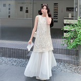 法式气质度假背心连衣裙女2025夏季新款设计感蕾丝拼接百褶长裙子，女装连衣裙，2C153