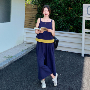 撞色穿搭清冷感套装裤女夏2025新款今年流行休闲吊带阔腿裤两件套图片