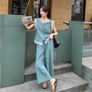 蕾丝拼接薄款牛仔套装裤女夏阔腿裤两件套老钱风小众不撞款韩系图片