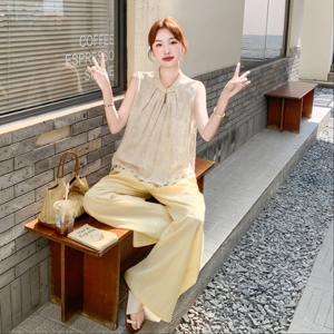 新中式国风套装盘扣无袖背心上衣女夏季休闲阔腿裤长裤气质两件套图片