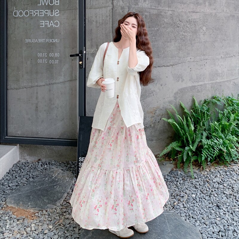 韩系甜美减龄套装裙女2025年新款超好看刺绣小衫碎花半身裙两件套,女装套装/套裙,2C153