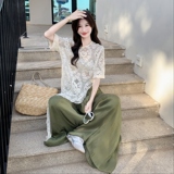 设计感不规则T恤套装女2025夏新款时尚韩系休闲减龄阔腿裤两件套，女装套装/套裙，2C153