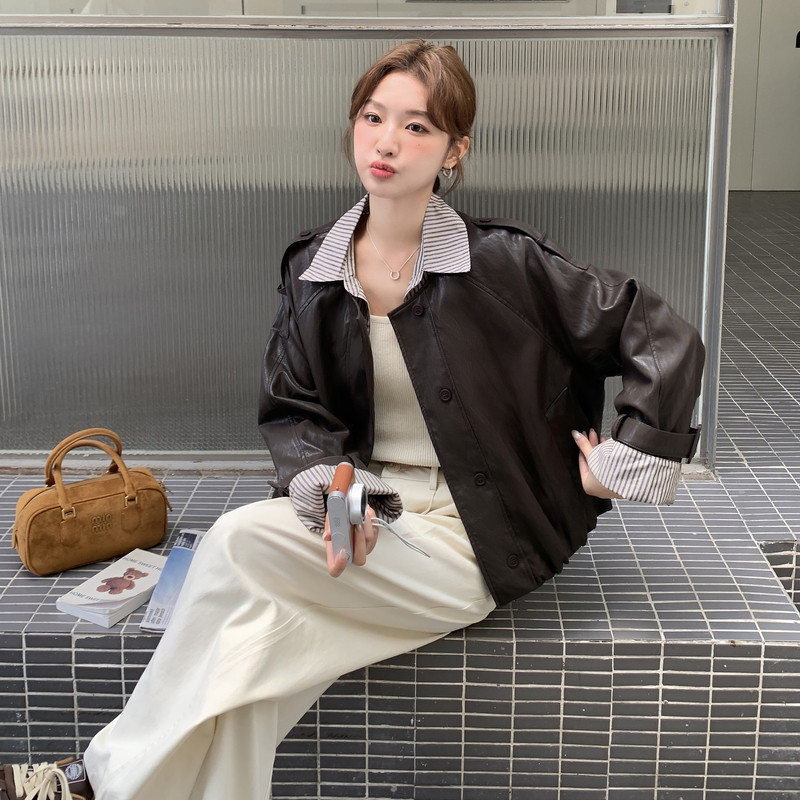 新款春装拼接皮衣外套2C153-886-P155K228,女装皮衣,2C153