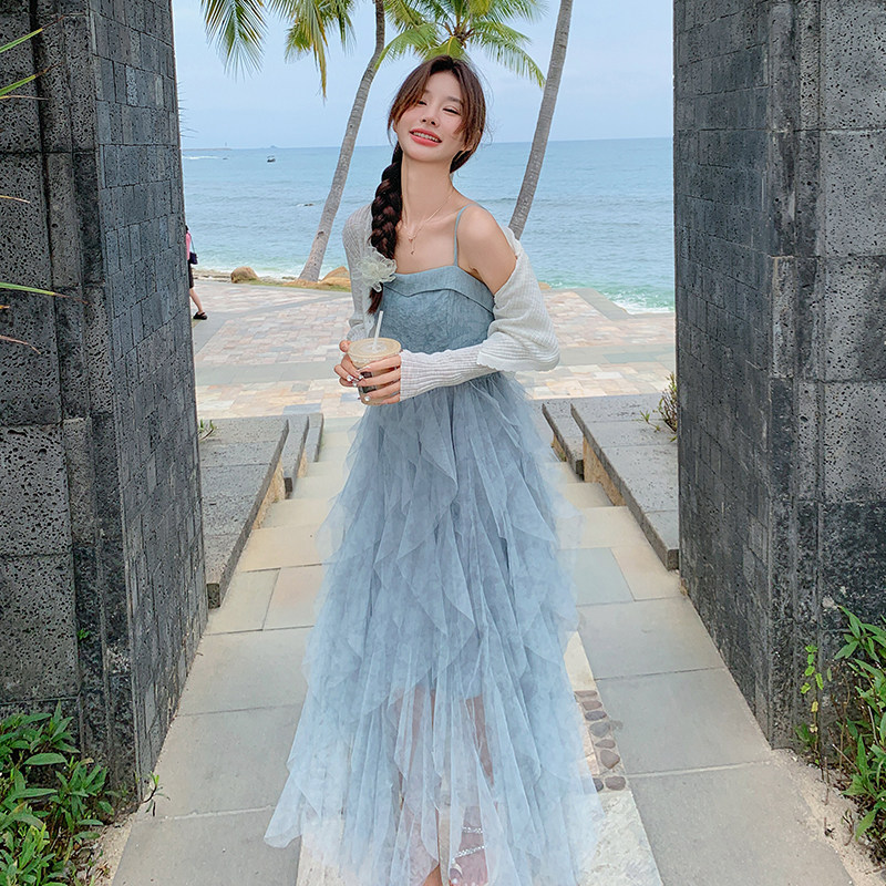 蓝色抹胸吊带网纱连衣裙女2025夏季新款海边度假风收腰绝美仙女裙,女装连衣裙,2C153