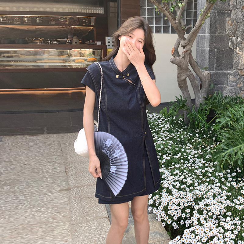 国风新中式牛仔套装裙女夏时尚洋气两件套装时髦洋气小个子旗袍款,女装套装/套裙,2C153