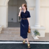 复古polo领牛仔连衣裙女2025夏季新款收腰显瘦小个子短袖衬衫裙子，女装连衣裙，2C153