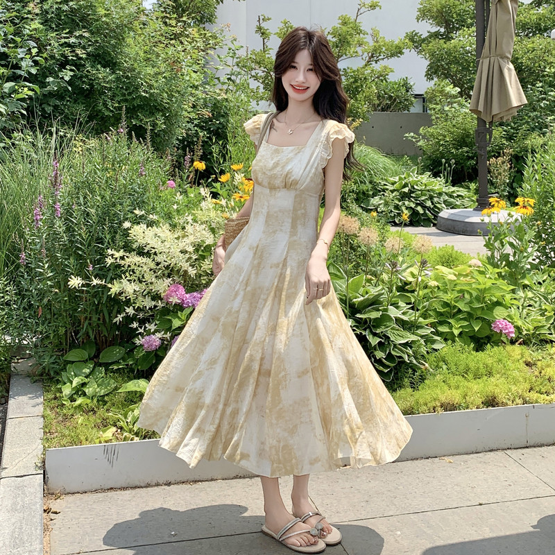 夏日小清新浪漫度假风印花连衣裙女2025夏季新款高腰显瘦绝美长裙,女装连衣裙,2C153