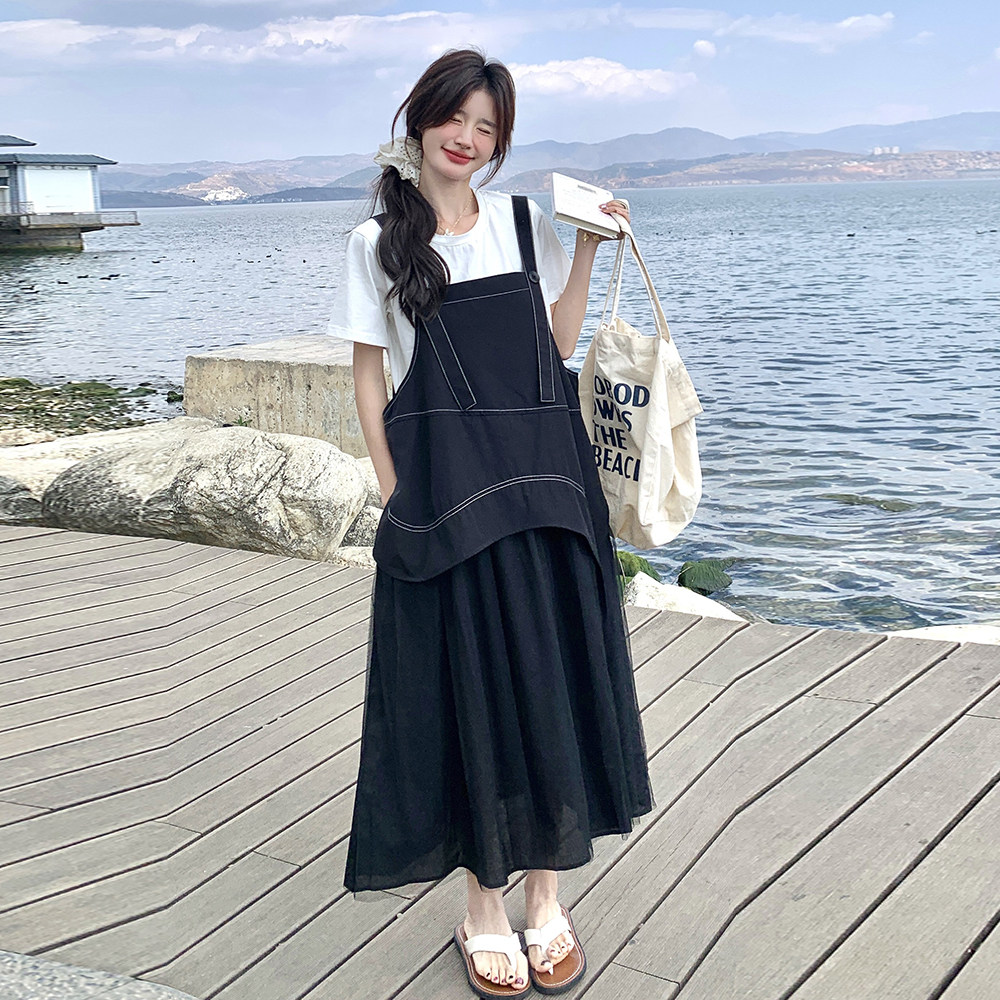 设计感网纱拼接背带连衣裙女2025夏新款韩系宽松百搭小个子两件套,女装连衣裙,2C153
