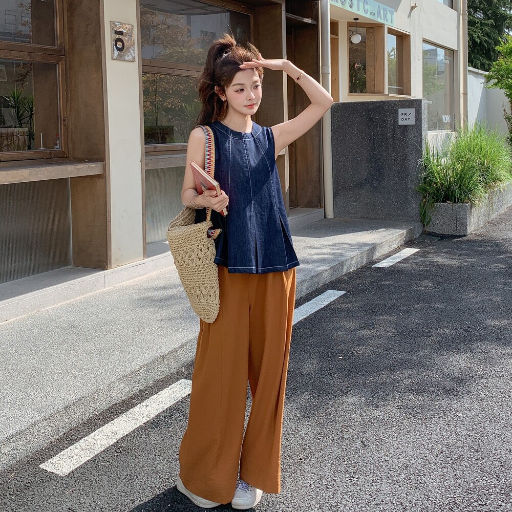 复古牛仔背心上衣直筒裤时尚套装女2025夏季新款松弛感休闲两件套,女装套装/套裙,2C153