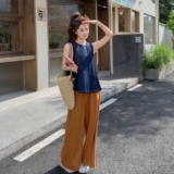 复古牛仔背心上衣直筒裤时尚套装女2025夏季新款松弛感休闲两件套，女装套装/套裙，2C153