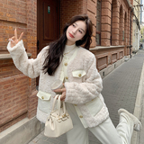 小香风杏色羊羔毛羽绒服女秋冬超火好看高级小众漂亮短款轻薄外套，女装短外套，2C153