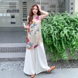 新中式国风印花无袖上衣套装女2025夏季新款复古气质阔腿裤两件套，女装套装/套裙，2C153