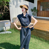 港风复古深蓝色牛仔连衣裙女夏季新款韩版收腰显瘦蕾丝拼接衬衫裙，女装连衣裙，2C153