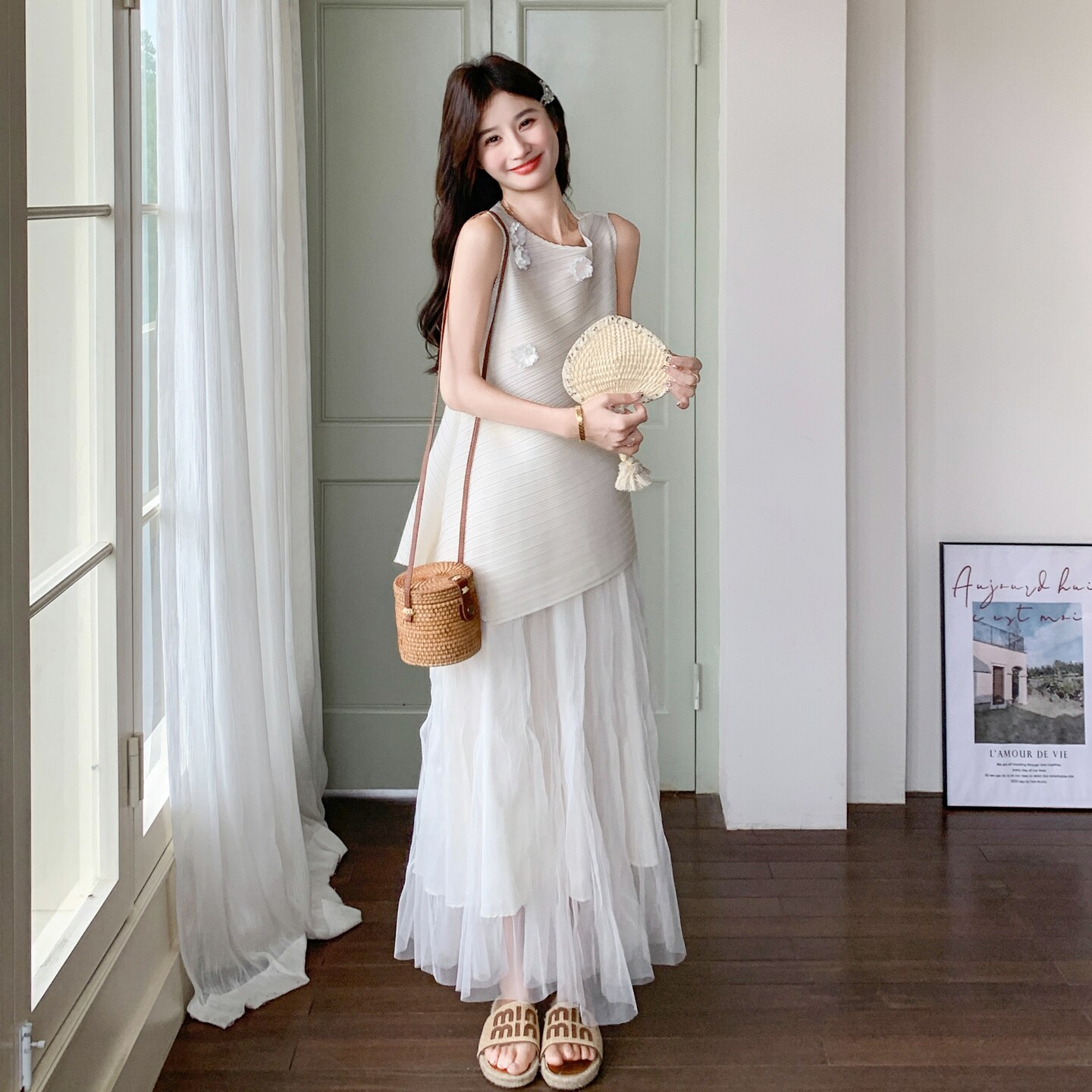 小香风无袖马甲背心网纱半身裙套装女夏2025新款流行绝美两件套,女装连衣裙,2C153