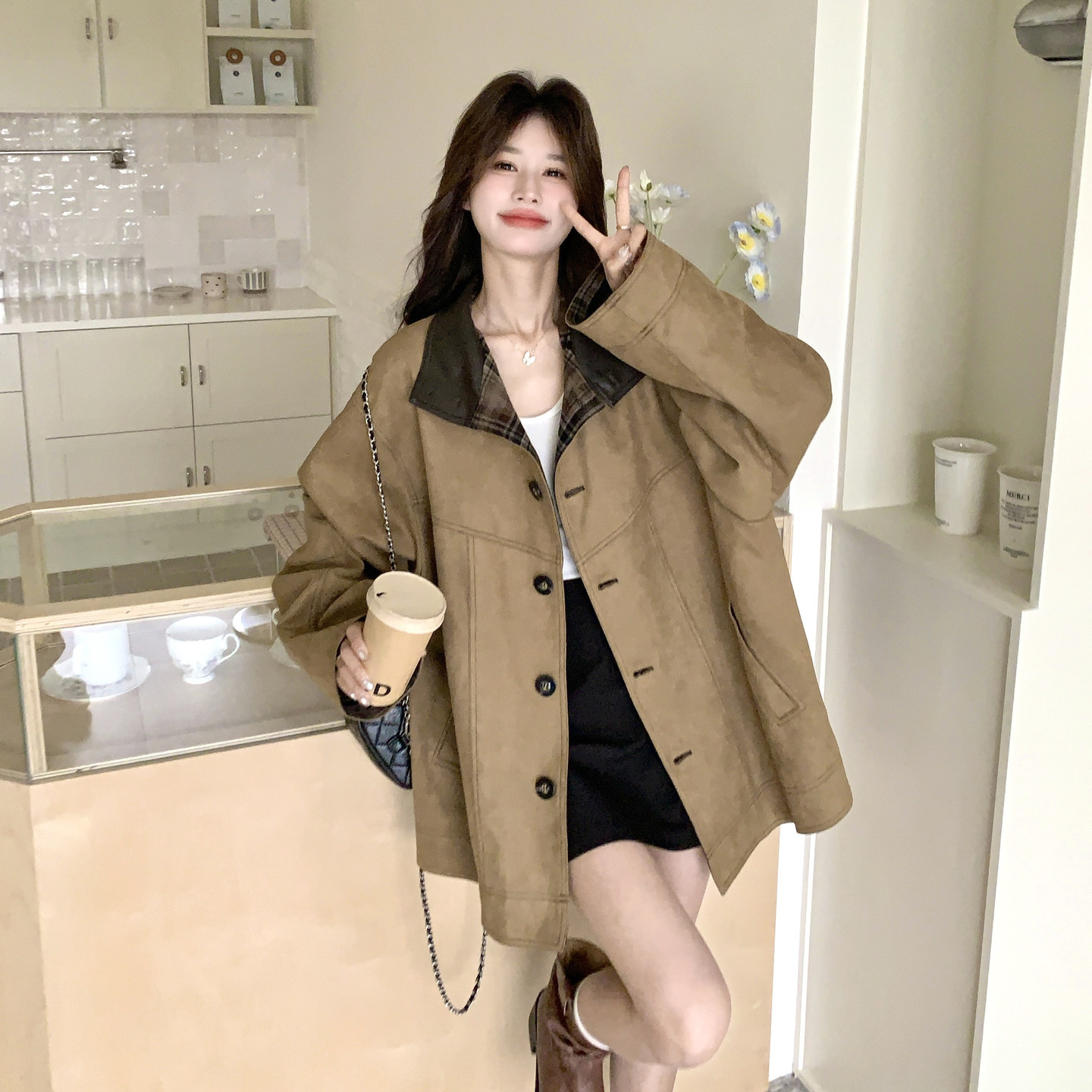春装新款拼接PU皮风衣外套2C153-8912-P185K278,女装风衣,2C153