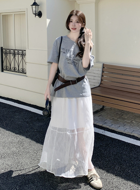 新款现货 时尚连衣裙套装裙 T恤+半身裙配腰带2C153-2537P145K208