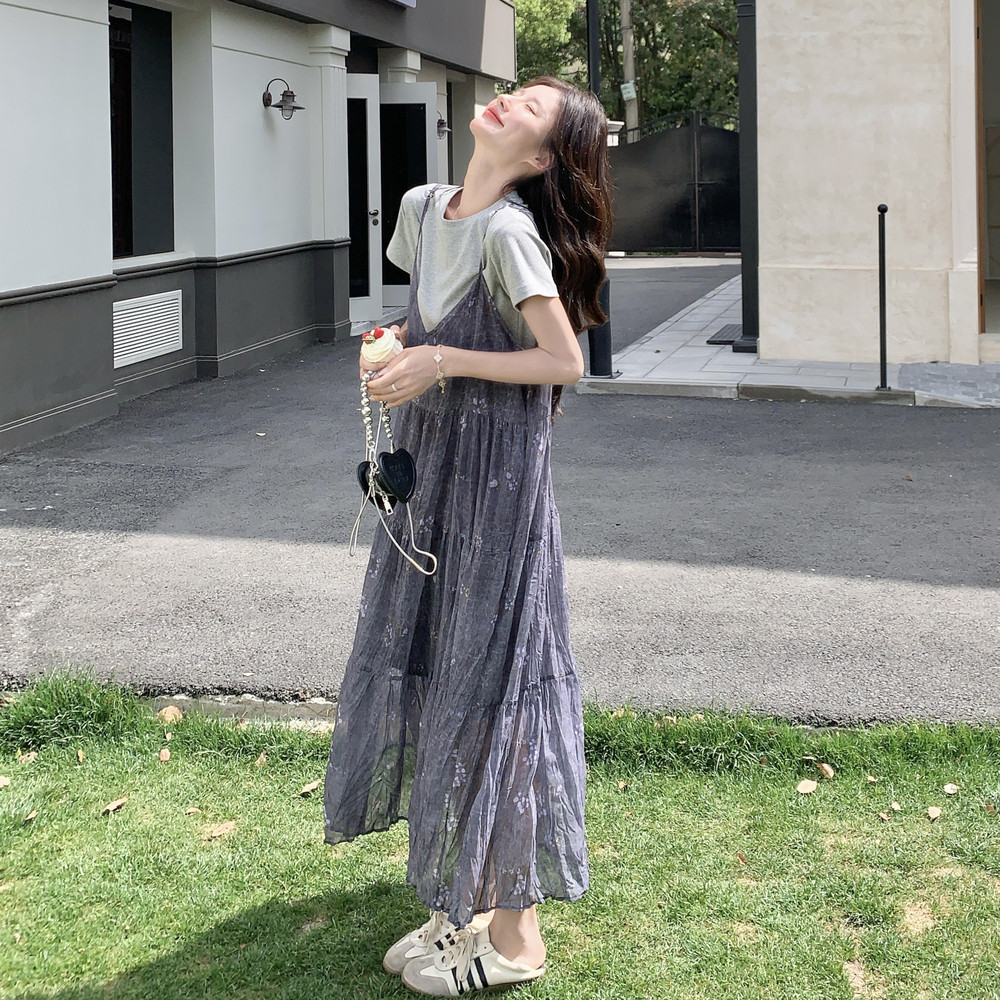 减龄T恤法式吊带连衣裙女夏2025新款小众宽松显瘦高级感长裙,女装连衣裙,2C153