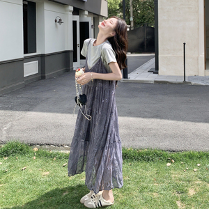 减龄T恤法式吊带连衣裙女夏2025新款小众宽松显瘦高级感长裙图片