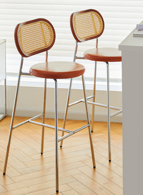 新款复古家用中古风吧椅中古藤编加厚实木吧椅靠背椅法式休闲椅子