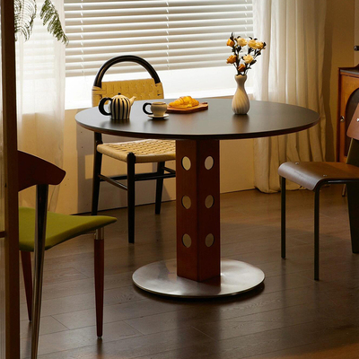 中古风实木圆餐桌岩板家用