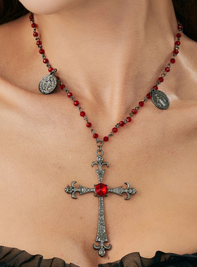 梅洛暗黑哥特风十字架项链 ins万圣节仿水晶红色串珠链条锁骨项饰