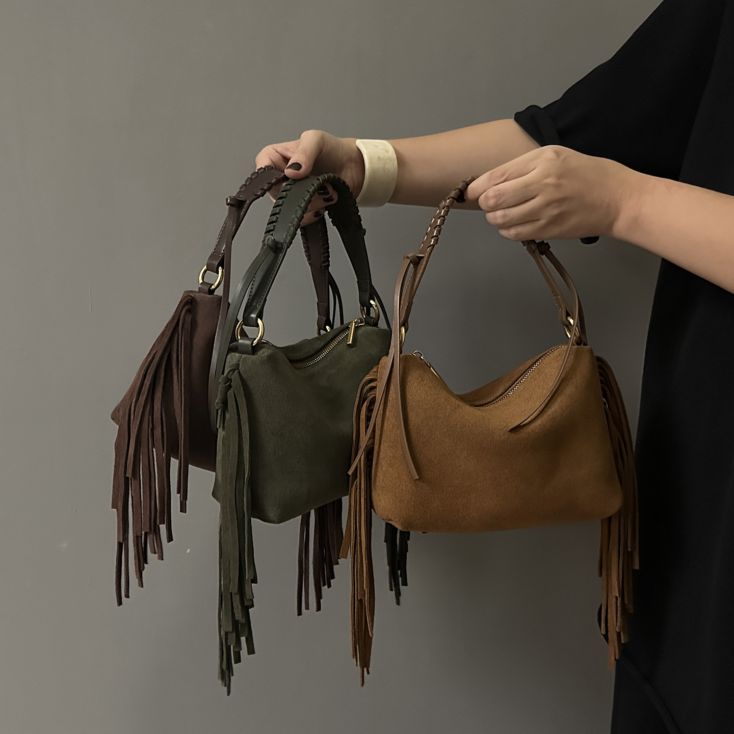 真皮女包新款磨砂牛皮流苏款手提包简约时尚高级感洋气单肩斜挎包