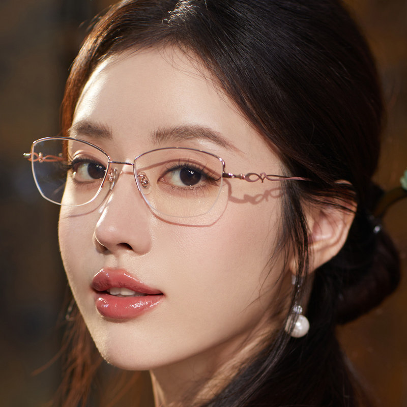 超轻纯钛奶茶色眼镜近视女度数配大脸胖脸显瘦半框优雅镂空眼睛架