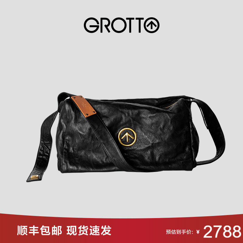 GROTTO个乐无性别主义黑石包意大利进口褶皱真皮大容量单肩斜挎包