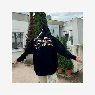 【Achock店】美式街头花卉背影杀刺绣潮牌宽松连帽加绒卫衣男女