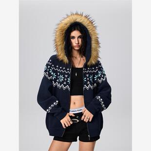 【Achock官方店】潮牌费尔岛花纹印花连帽卫衣高街情侣毛领外套男